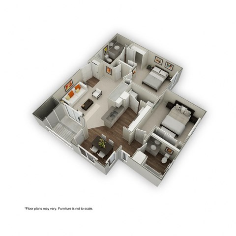 Floor plan for 2 beds, 2 baths, 1017 sqft